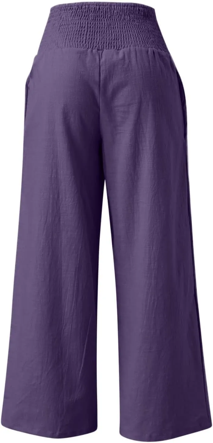 Linen Pants for Womens High Elastic Waist Wide Leg Trousers 2025 Summer Baggy Comfy Hiking Jogger Pants with Pockets