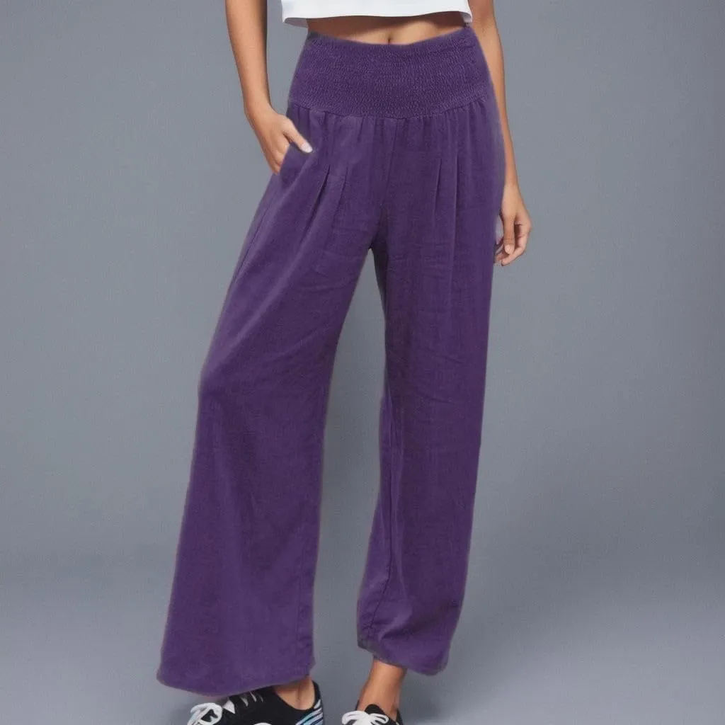 Linen Pants for Womens High Elastic Waist Wide Leg Trousers 2025 Summer Baggy Comfy Hiking Jogger Pants with Pockets