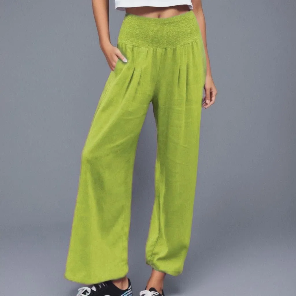 Linen Pants for Womens High Elastic Waist Wide Leg Trousers 2025 Summer Baggy Comfy Hiking Jogger Pants with Pockets
