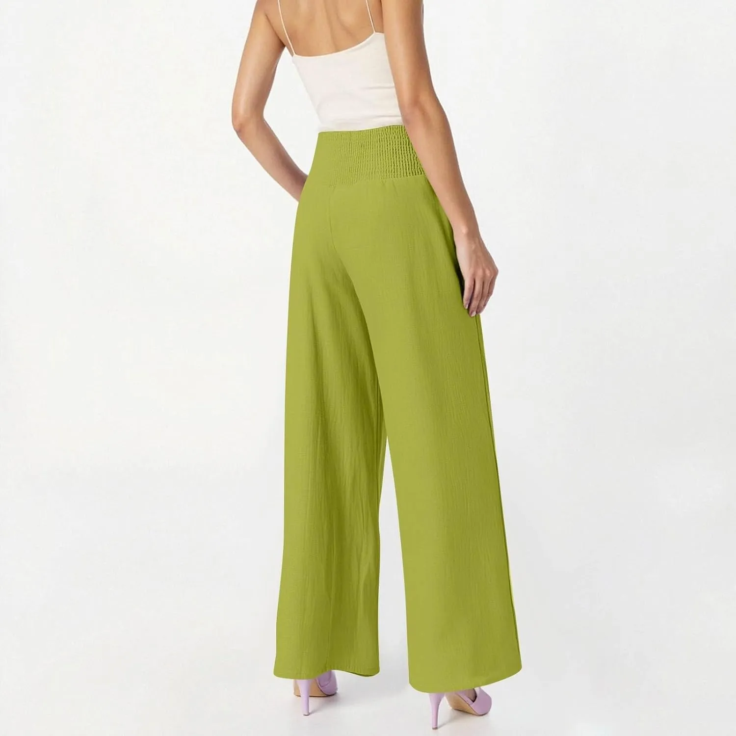 Linen Pants Woman Summer High Waist Palazzo Pants Pleated Baggy Pant Dressy Trousers with Pockets (S-XXL)