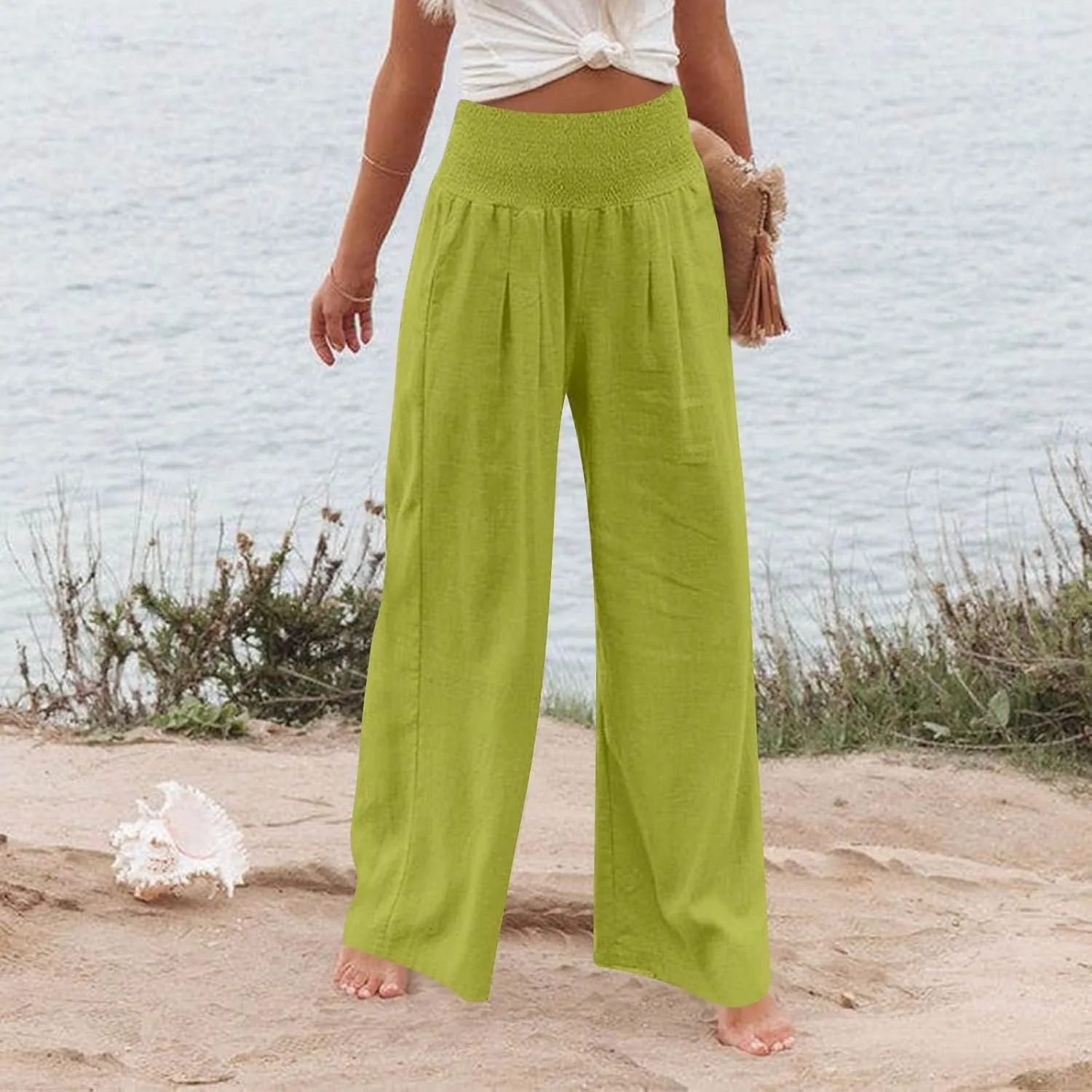 Linen Pants Woman Summer High Waist Palazzo Pants Pleated Baggy Pant Dressy Trousers with Pockets (S-XXL)