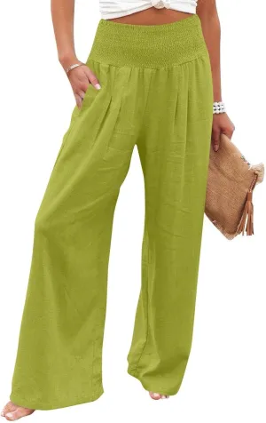 Linen Pants Woman Summer High Waist Palazzo Pants Pleated Baggy Pant Dressy Trousers with Pockets (S-XXL)