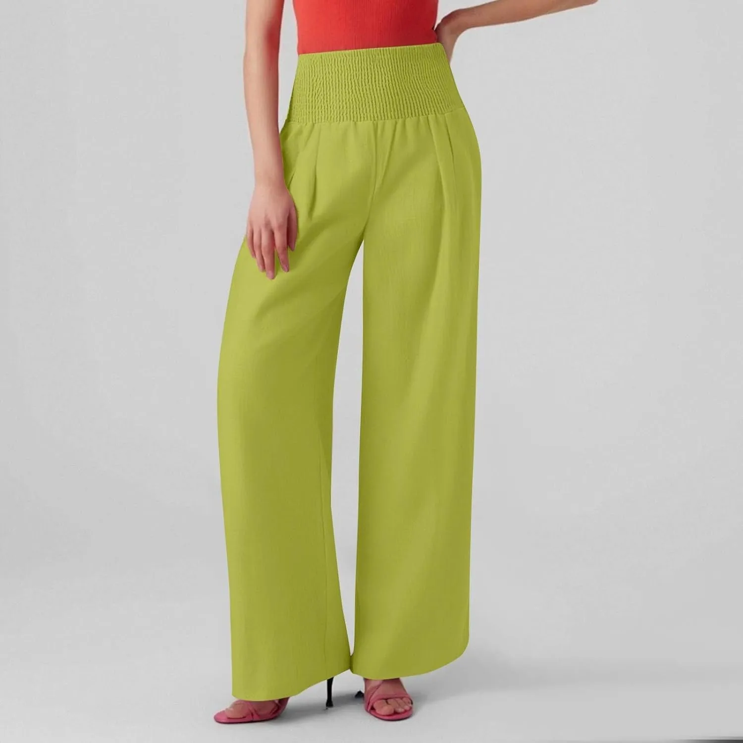 Linen Pants Woman Summer High Waist Palazzo Pants Pleated Baggy Pant Dressy Trousers with Pockets (S-XXL)