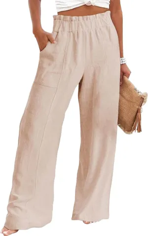 Linen Pants Women Casual Elastic Waist Wide Leg Pants Summer Breathable Palazzo Pant Light Straight Leg Work Trousers