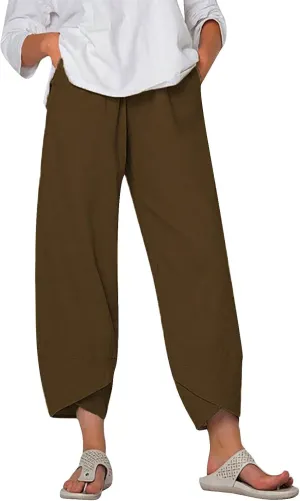 Linen Pants Women Pants Casual Cropped Baggy Trousers Elastic Waisted Yoga Comfy Casual Pants