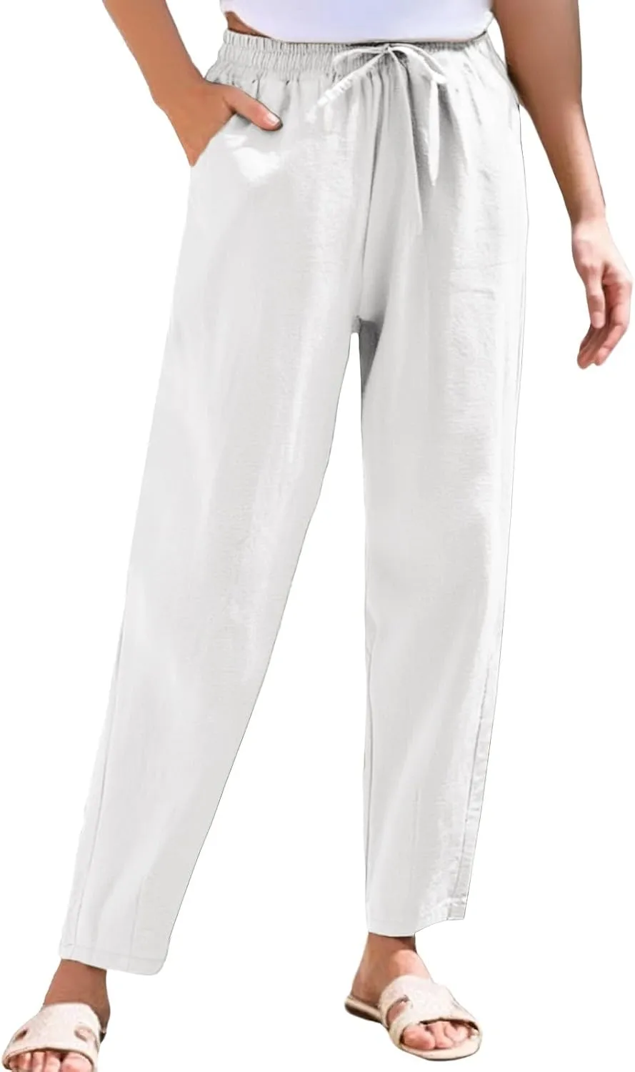 Linen Pants Women Wide Leg Palazzo Pants Drawstring Lounge Pants with Pockets High Elastic Waisted