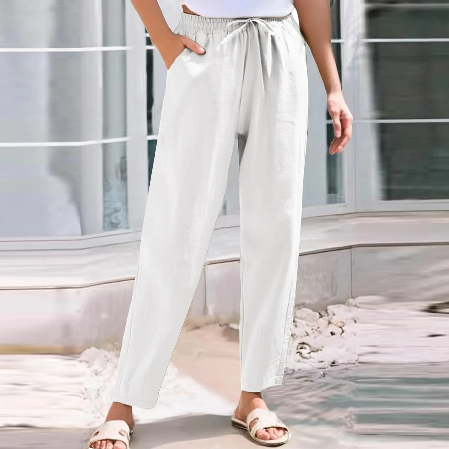 Linen Pants Women Wide Leg Palazzo Pants Drawstring Lounge Pants with Pockets High Elastic Waisted