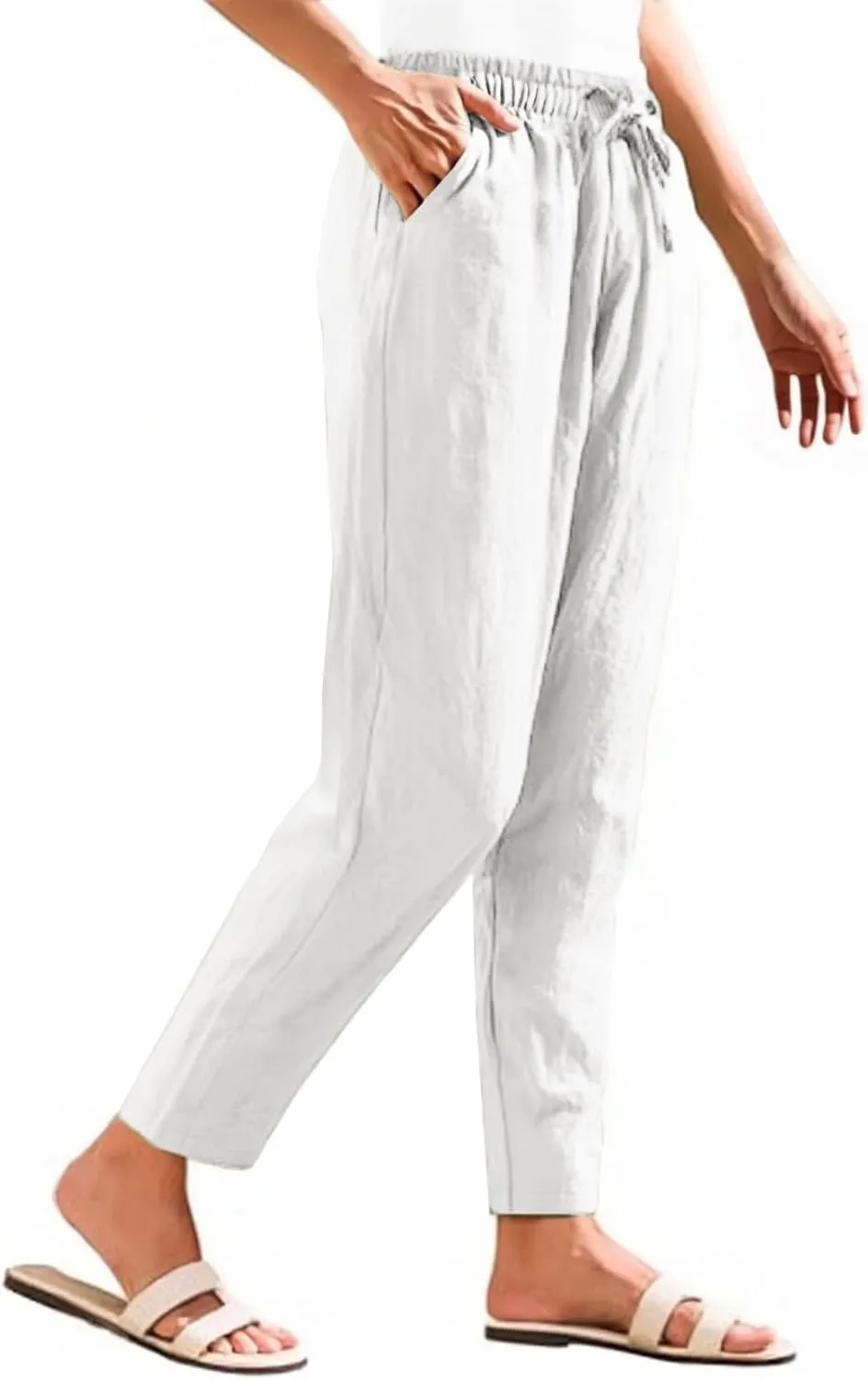 Linen Pants Women Wide Leg Palazzo Pants Drawstring Lounge Pants with Pockets High Elastic Waisted