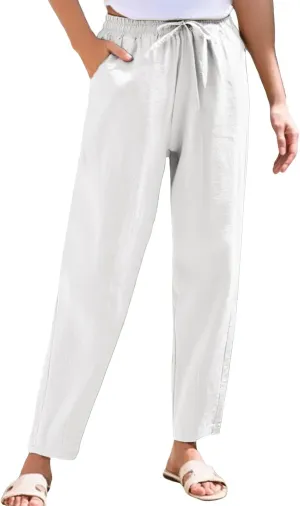 Linen Pants Women Wide Leg Palazzo Pants Drawstring Lounge Pants with Pockets High Elastic Waisted