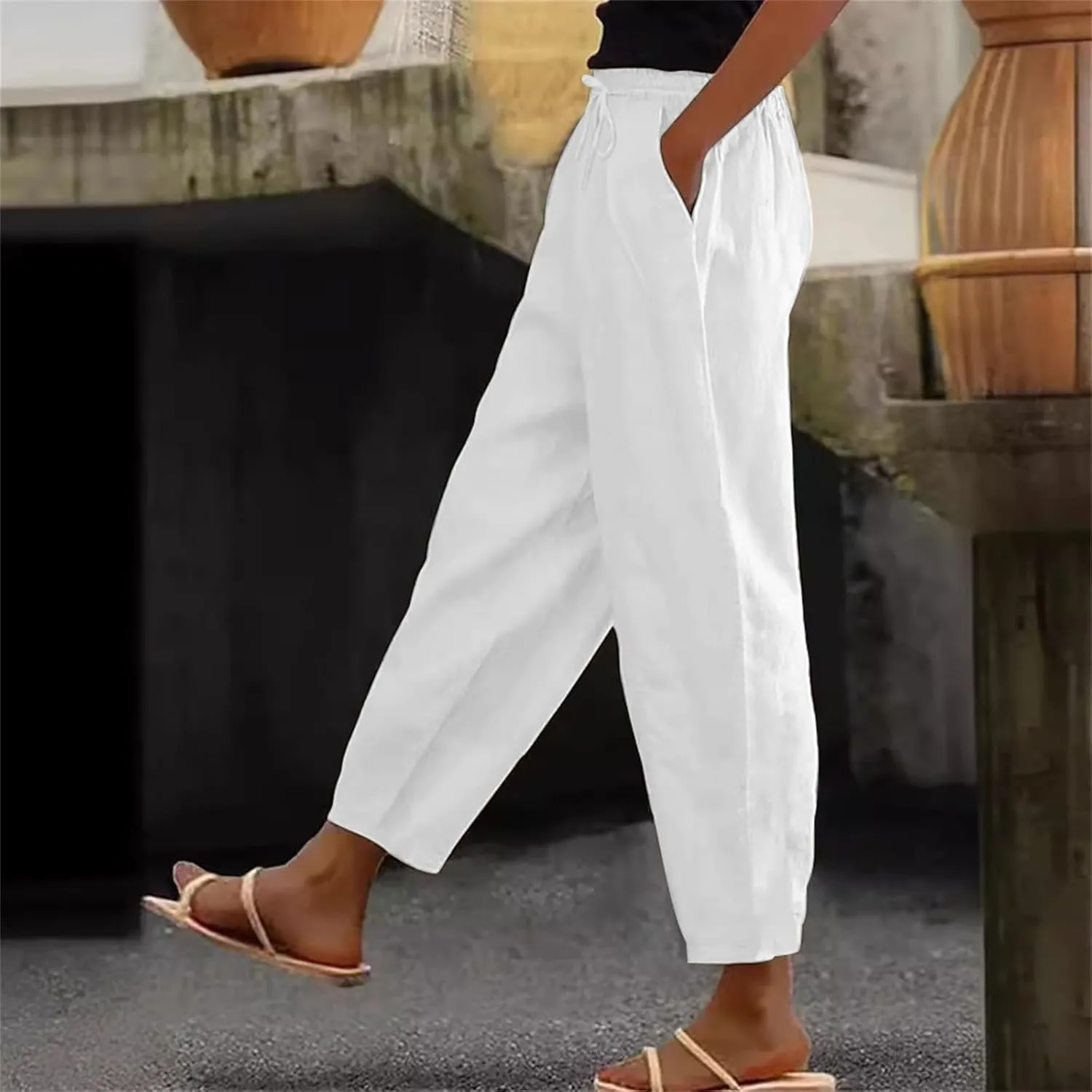 Linen Pants Women's Summer High Elastic Waist Drawstring Palazzo Pants Straight Leg Gauze Slacks Clothes with Pockets
