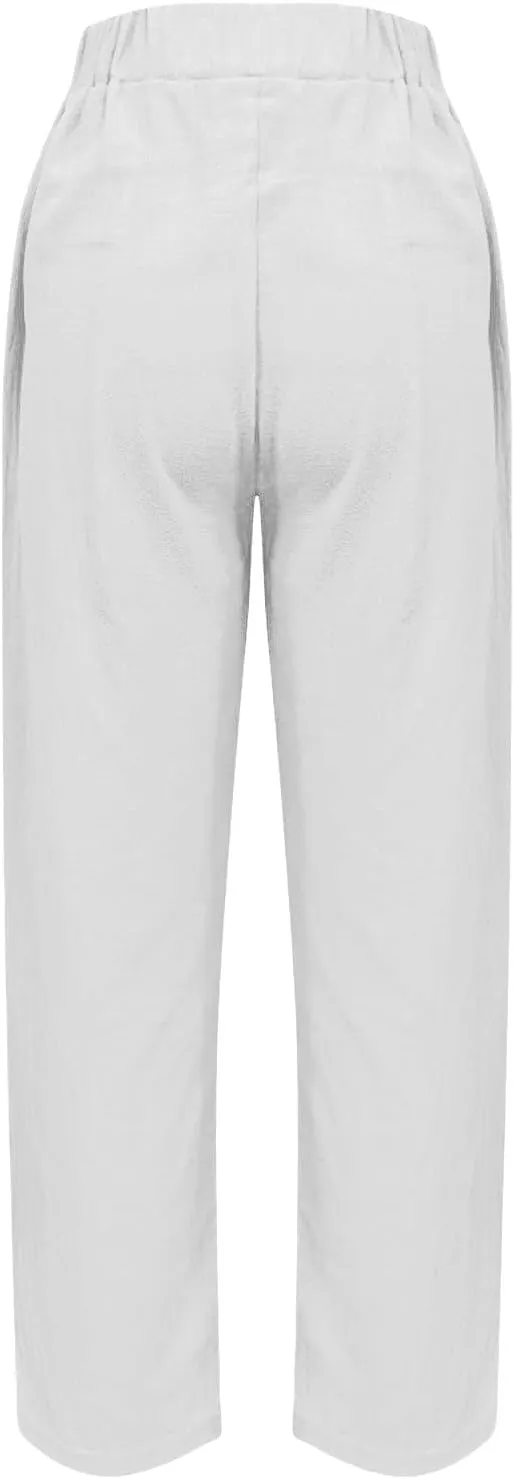 Linen Pants Women's Summer High Elastic Waist Drawstring Palazzo Pants Straight Leg Gauze Slacks Clothes with Pockets