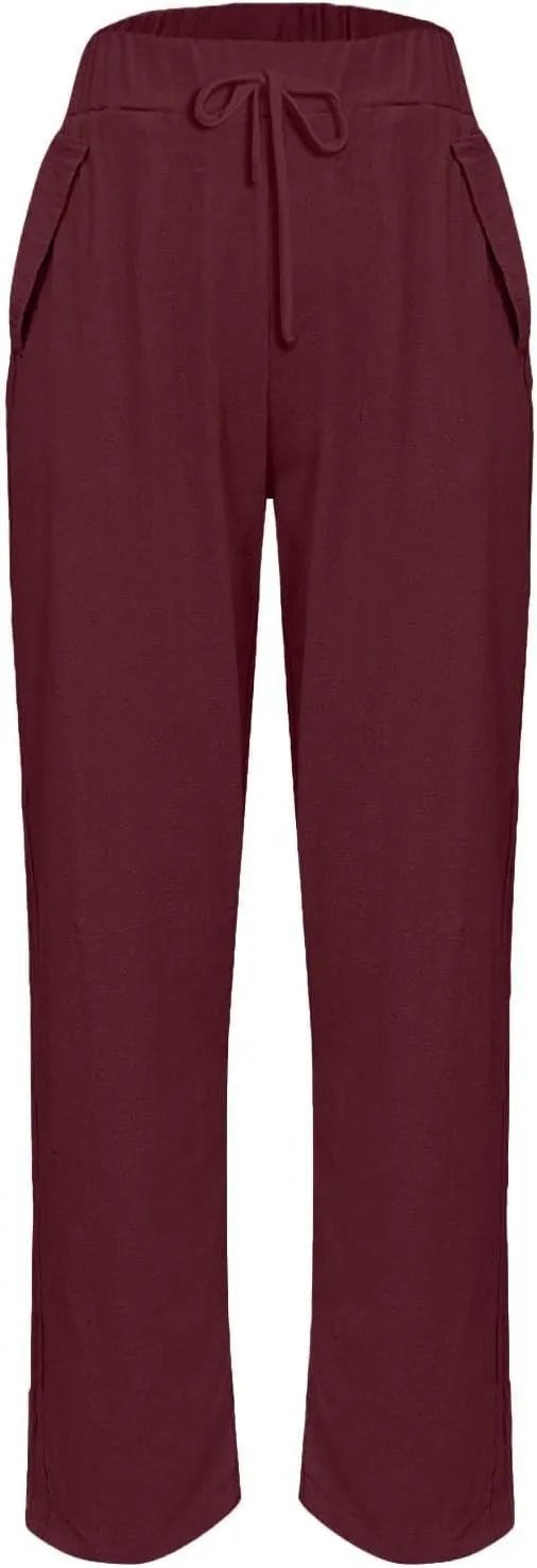 Linen Pants Women's Summer High Elastic Waist Drawstring Palazzo Pants Straight Leg Gauze Slacks Clothes with Pockets