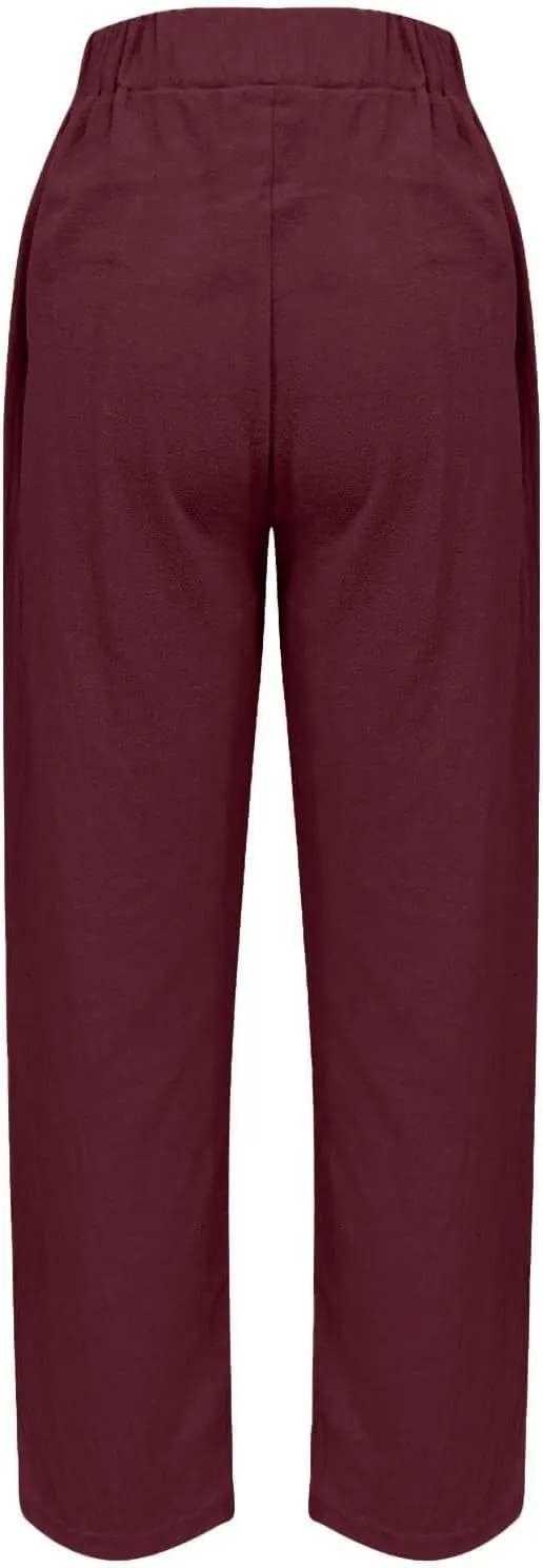 Linen Pants Women's Summer High Elastic Waist Drawstring Palazzo Pants Straight Leg Gauze Slacks Clothes with Pockets