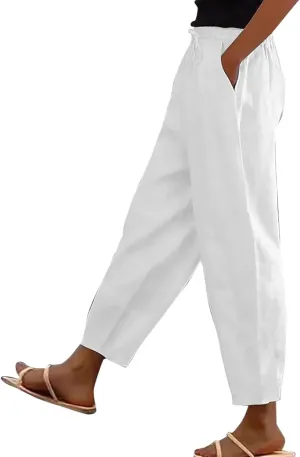 Linen Pants Women's Summer High Elastic Waist Drawstring Palazzo Pants Straight Leg Gauze Slacks Clothes with Pockets