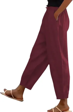 Linen Pants Women's Summer High Elastic Waist Drawstring Palazzo Pants Straight Leg Gauze Slacks Clothes with Pockets