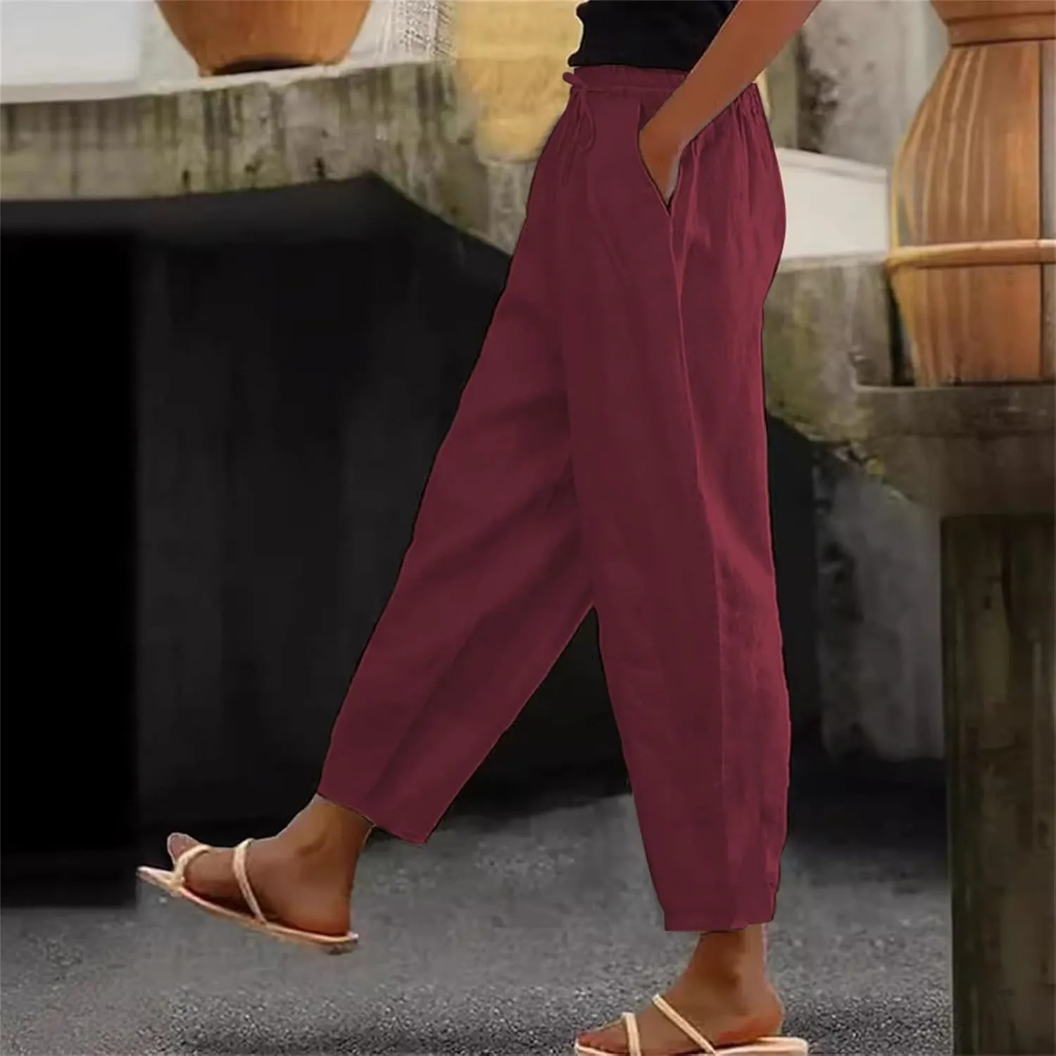 Linen Pants Women's Summer High Elastic Waist Drawstring Palazzo Pants Straight Leg Gauze Slacks Clothes with Pockets