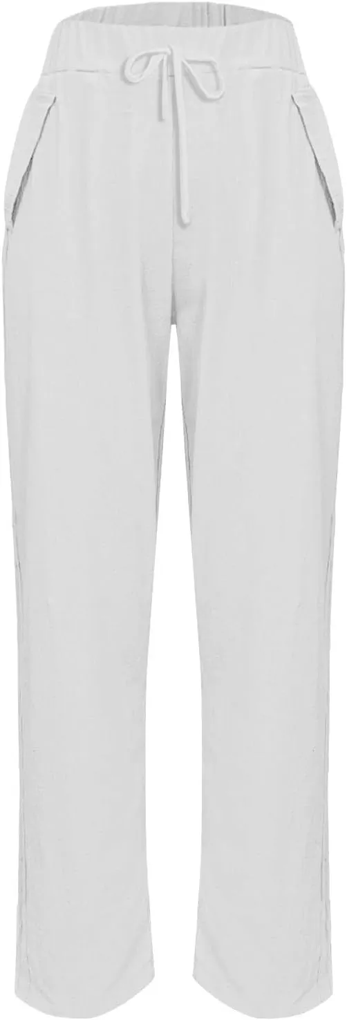 Linen Pants Women's Summer High Elastic Waist Drawstring Palazzo Pants Straight Leg Gauze Slacks Clothes with Pockets