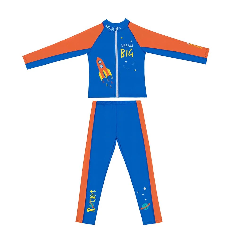 Little Surprise Box,2 pcs Shirt & Pants set LSB Blue & Orange Space Swimwear Full length for Kids with UPF 30 