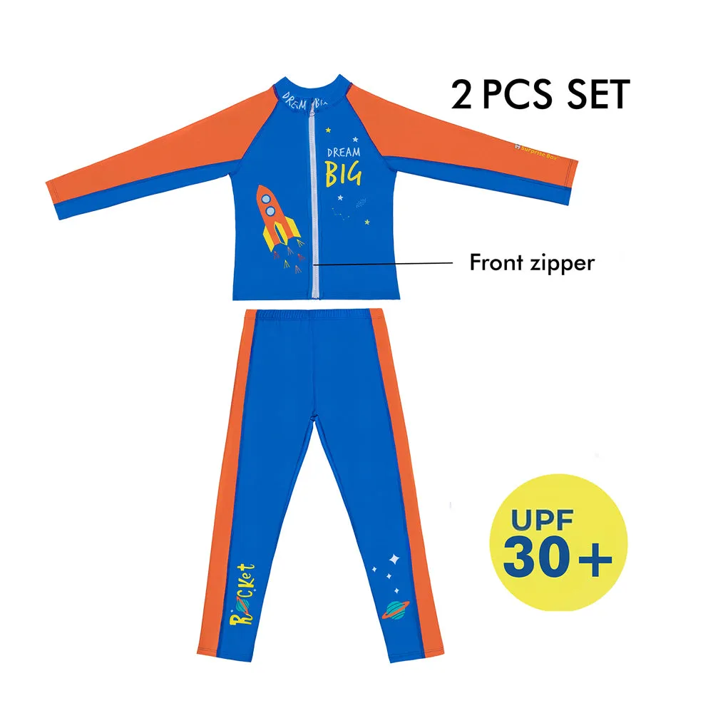 Little Surprise Box,2 pcs Shirt & Pants set LSB Blue & Orange Space Swimwear Full length for Kids with UPF 30 