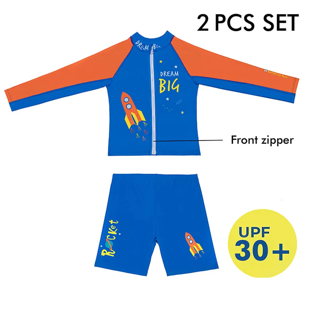 Little Surprise Box,2 pcs Shirt & Shorts set LSB Blue & Orange Space Swimwear Knee length for Kids with UPF 30 