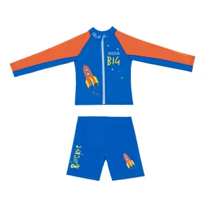 Little Surprise Box,2 pcs Shirt & Shorts set LSB Blue & Orange Space Swimwear Knee length for Kids with UPF 30 