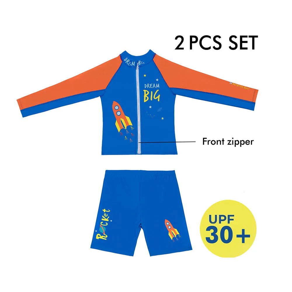 Little Surprise Box,2 pcs Shirt & Shorts set LSB Blue & Orange Space Swimwear Knee length for Kids with UPF 30 