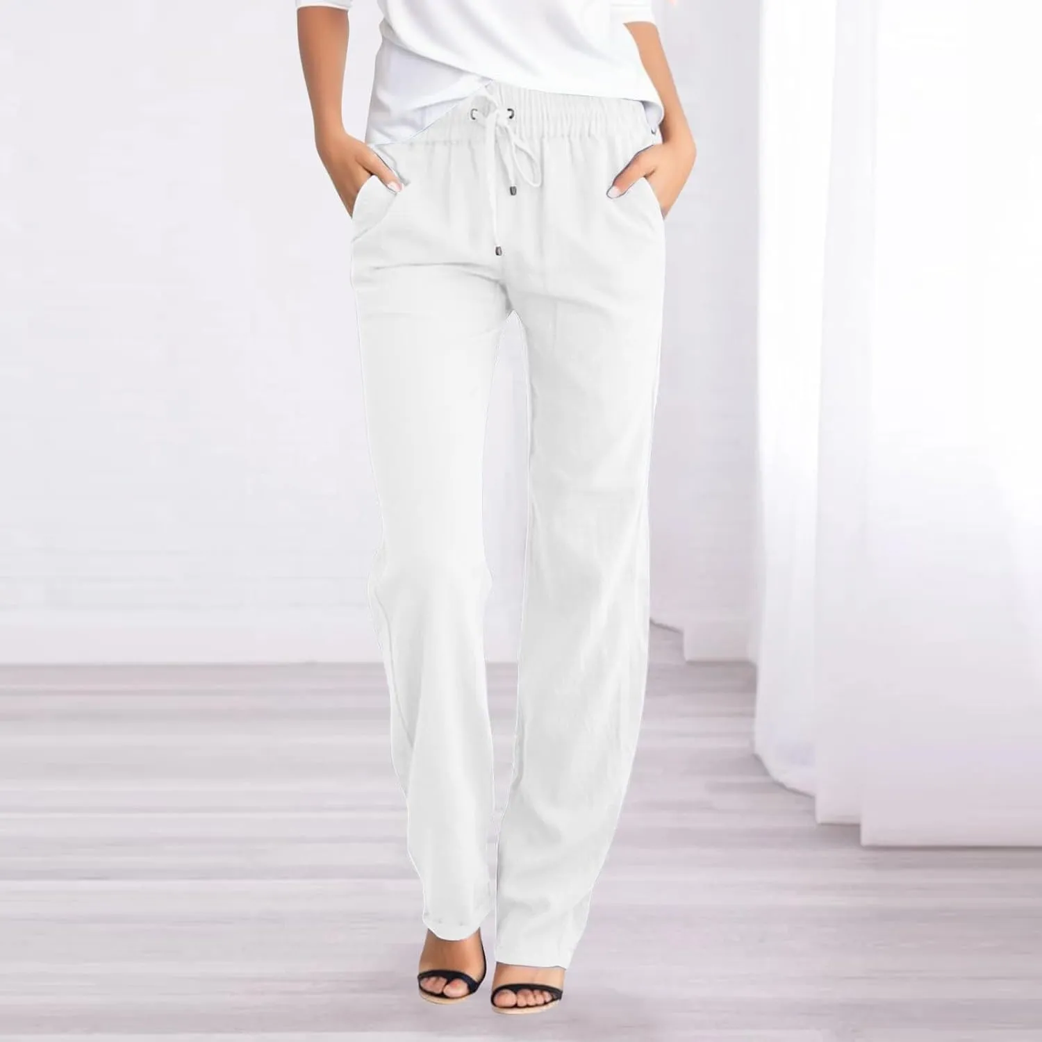 Lmdudan 2025 Women's Cotton Linen Pants Summer High Waisted Palazzo Pants Wide Leg Drawstring Elastic Waist Loose Trousers