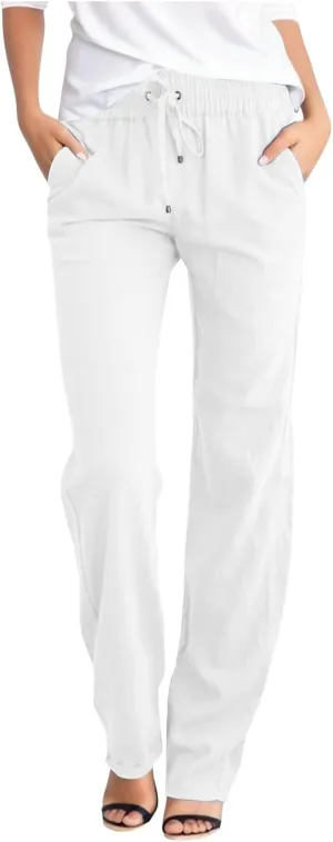 Lmdudan 2025 Women's Cotton Linen Pants Summer High Waisted Palazzo Pants Wide Leg Drawstring Elastic Waist Loose Trousers