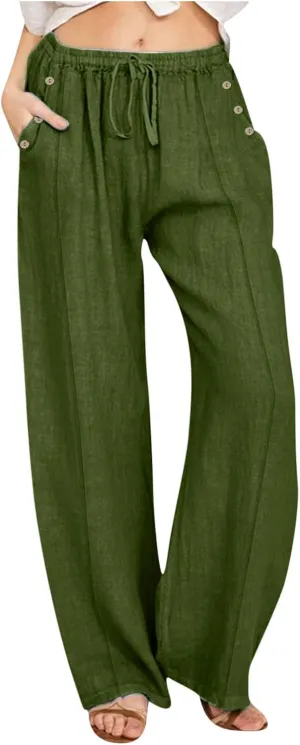 Lmdudan Linen Pants Women 2025 Summer Beach Lounge Palazzo Trousers Loose Elastic Plus Size Drawstring with Pockets Pants