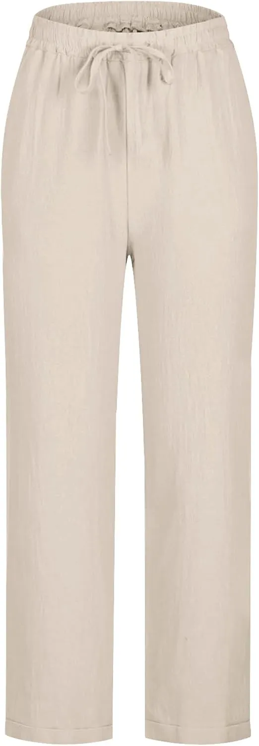 Lmdudan Plus Size Women Wide Leg Linen Pants Elastic Waisted Summer Cotton Linen Palazzo Pants Trendy Trousers with Pockets