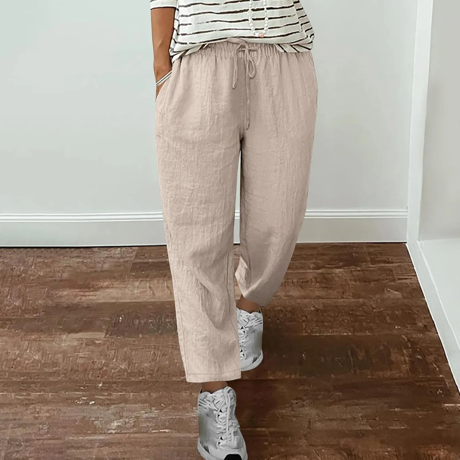 Lmdudan Plus Size Women Wide Leg Linen Pants Elastic Waisted Summer Cotton Linen Palazzo Pants Trendy Trousers with Pockets