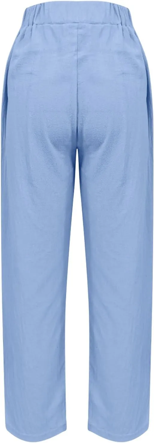 Lmdudan Summer Cotton Linen Casual Pants for Women Boho Lightweight Elastic High Waist Pant Baggy Trousers with Pockets