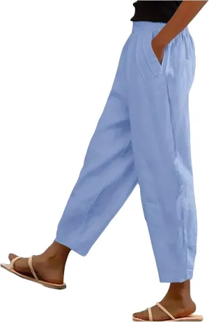 Lmdudan Summer Cotton Linen Casual Pants for Women Boho Lightweight Elastic High Waist Pant Baggy Trousers with Pockets