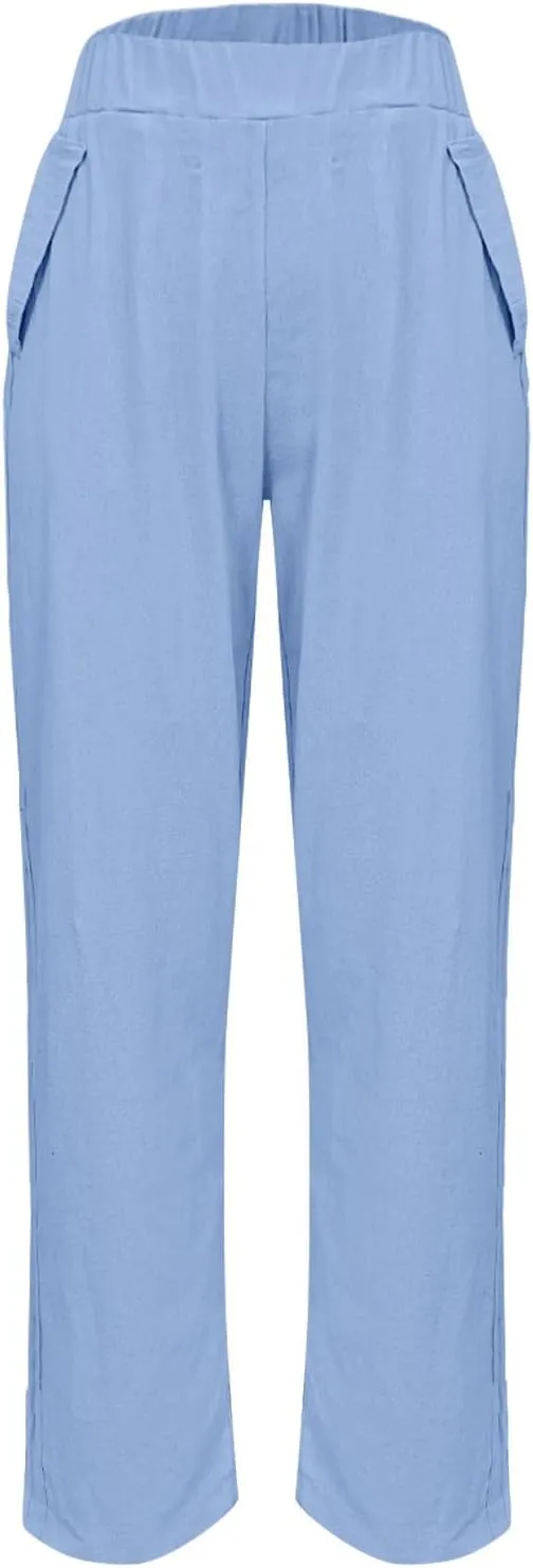 Lmdudan Summer Cotton Linen Casual Pants for Women Boho Lightweight Elastic High Waist Pant Baggy Trousers with Pockets