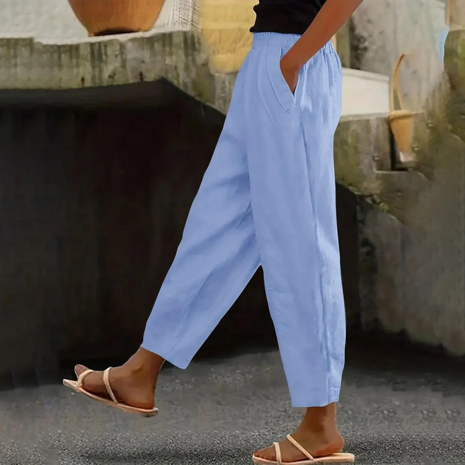 Lmdudan Summer Cotton Linen Casual Pants for Women Boho Lightweight Elastic High Waist Pant Baggy Trousers with Pockets