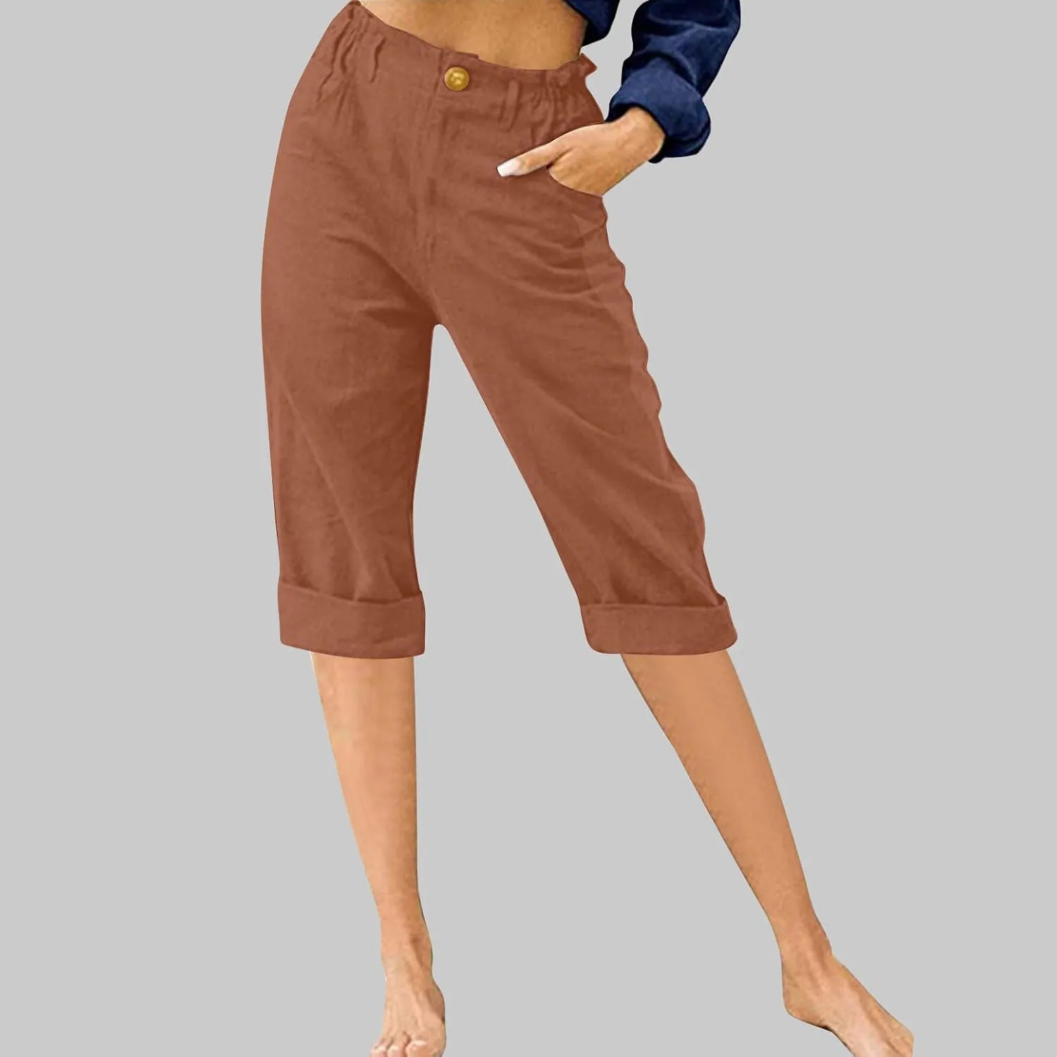 Lmdudan Women Cotton Linen Capri Pants 2025 Summer Trendy Casual Elastic Waist Cropped Trouser Beach Vacation Capris Clothes