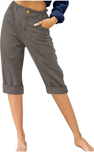 Lmdudan Women Cotton Linen Capri Pants 2025 Summer Trendy Casual Elastic Waist Cropped Trouser Beach Vacation Capris Clothes
