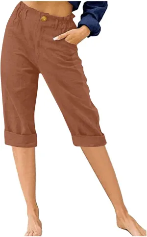 Lmdudan Women Cotton Linen Capri Pants 2025 Summer Trendy Casual Elastic Waist Cropped Trouser Beach Vacation Capris Clothes