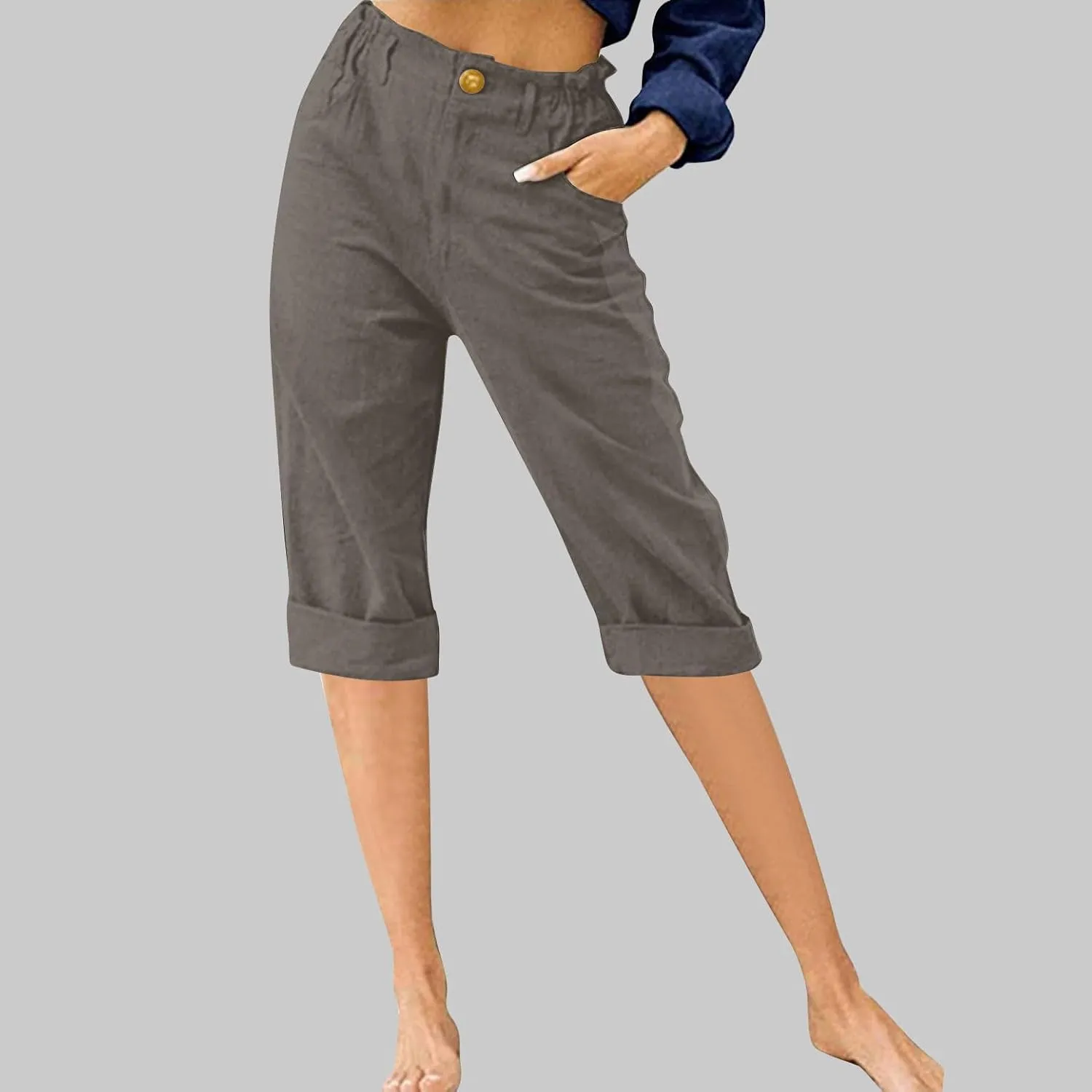 Lmdudan Women Cotton Linen Capri Pants 2025 Summer Trendy Casual Elastic Waist Cropped Trouser Beach Vacation Capris Clothes