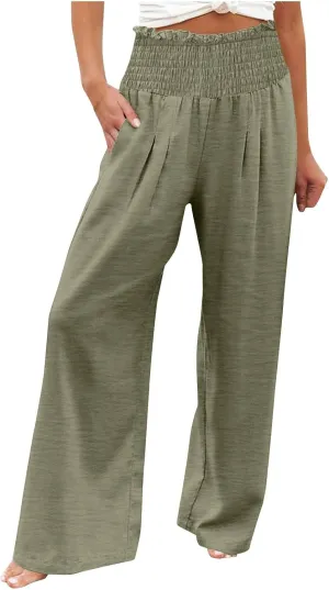 Lmdudan Womens Elastic High Waisted Palazzo Pants Casual Wide Leg Long Lounge Pant 2025 Summer Trousers with Pockets