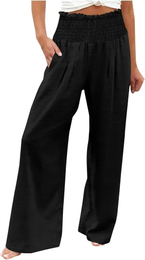 Lmdudan Womens Elastic High Waisted Palazzo Pants Casual Wide Leg Long Lounge Pant 2025 Summer Trousers with Pockets