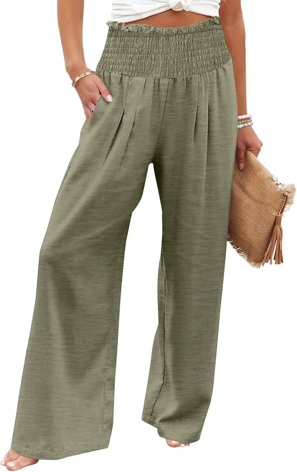 Lmdudan Womens Elastic High Waisted Palazzo Pants Casual Wide Leg Long Lounge Pant 2025 Summer Trousers with Pockets