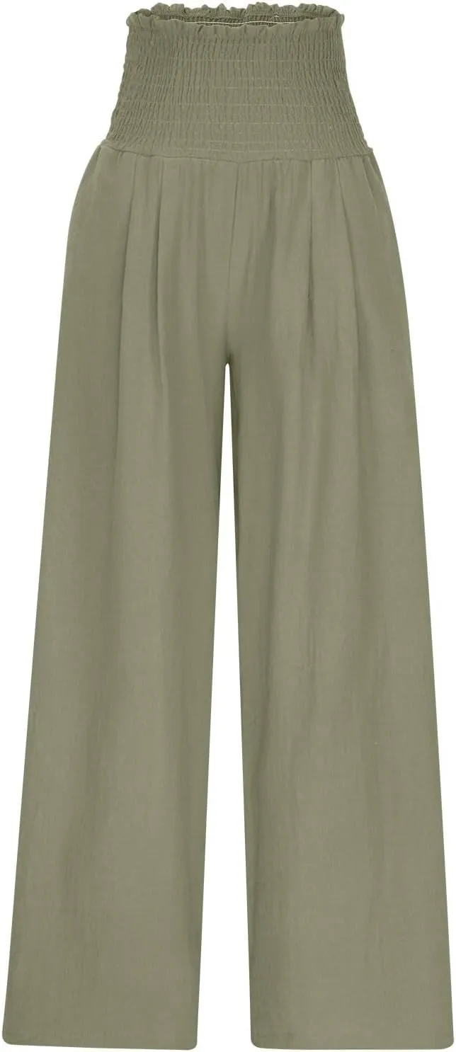 Lmdudan Womens Elastic High Waisted Palazzo Pants Casual Wide Leg Long Lounge Pant 2025 Summer Trousers with Pockets