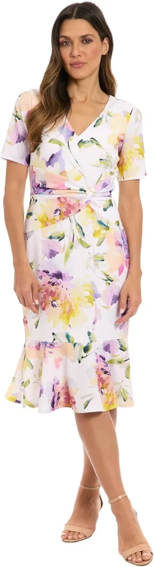 London Times Women's Trumpet Silhouette V-Neck Short Sleeve Midi-Elegant Special Occasion Wedding Guest Dress