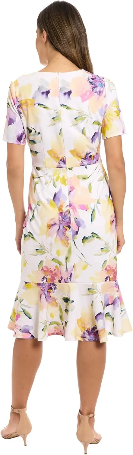 London Times Women's Trumpet Silhouette V-Neck Short Sleeve Midi-Elegant Special Occasion Wedding Guest Dress