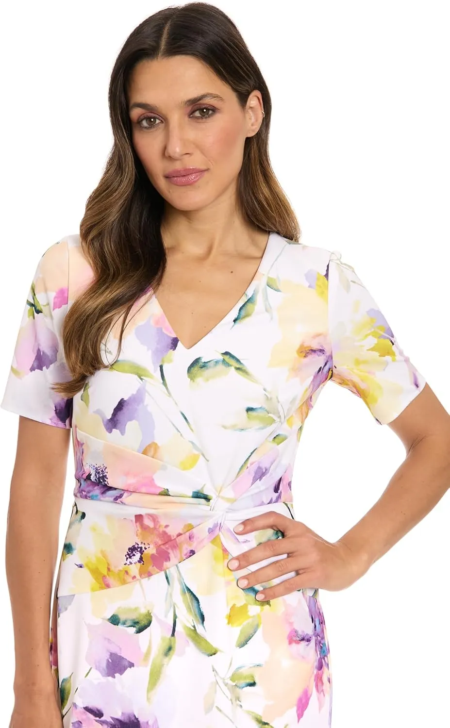 London Times Women's Trumpet Silhouette V-Neck Short Sleeve Midi-Elegant Special Occasion Wedding Guest Dress