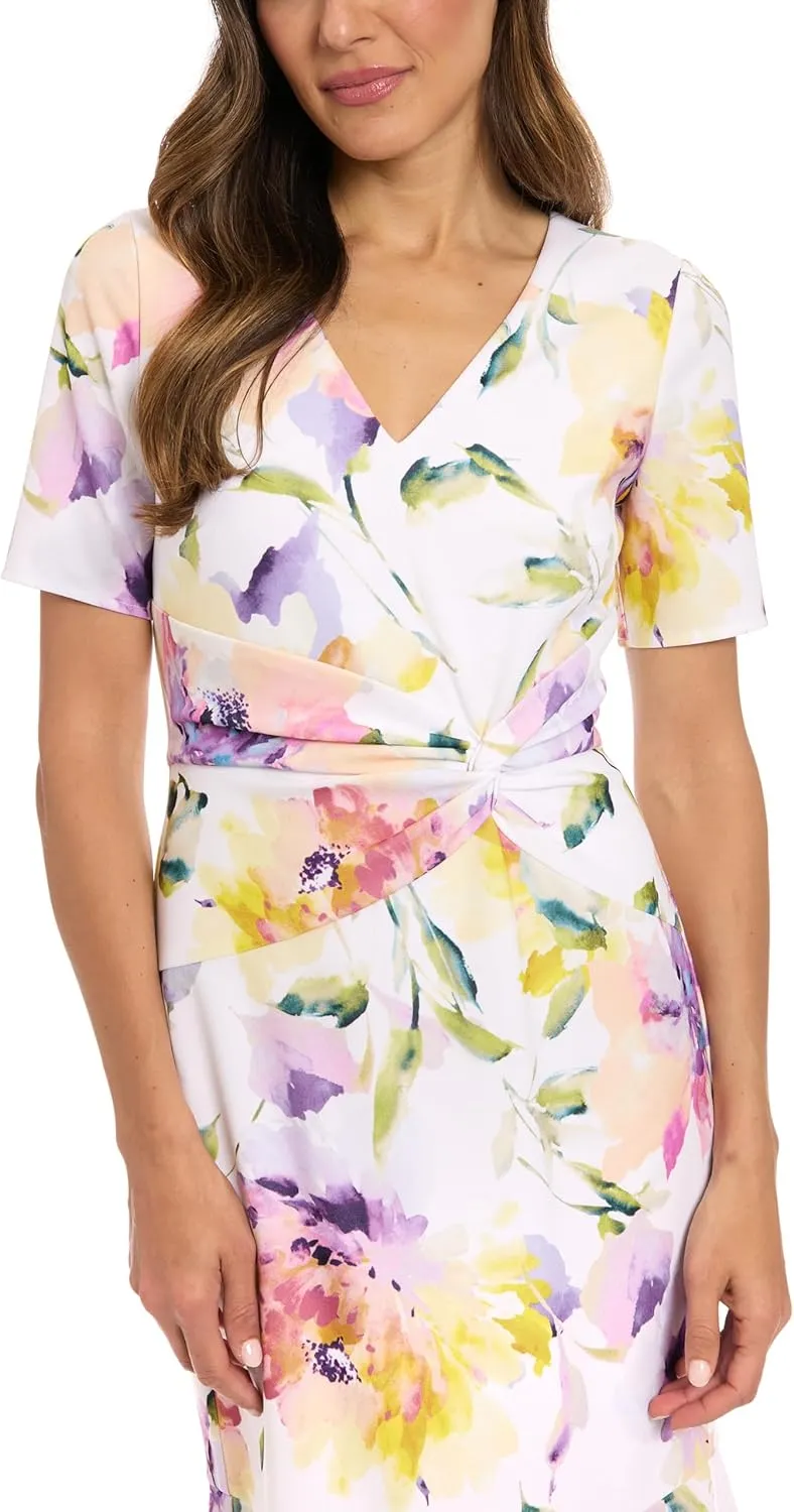 London Times Women's Trumpet Silhouette V-Neck Short Sleeve Midi-Elegant Special Occasion Wedding Guest Dress