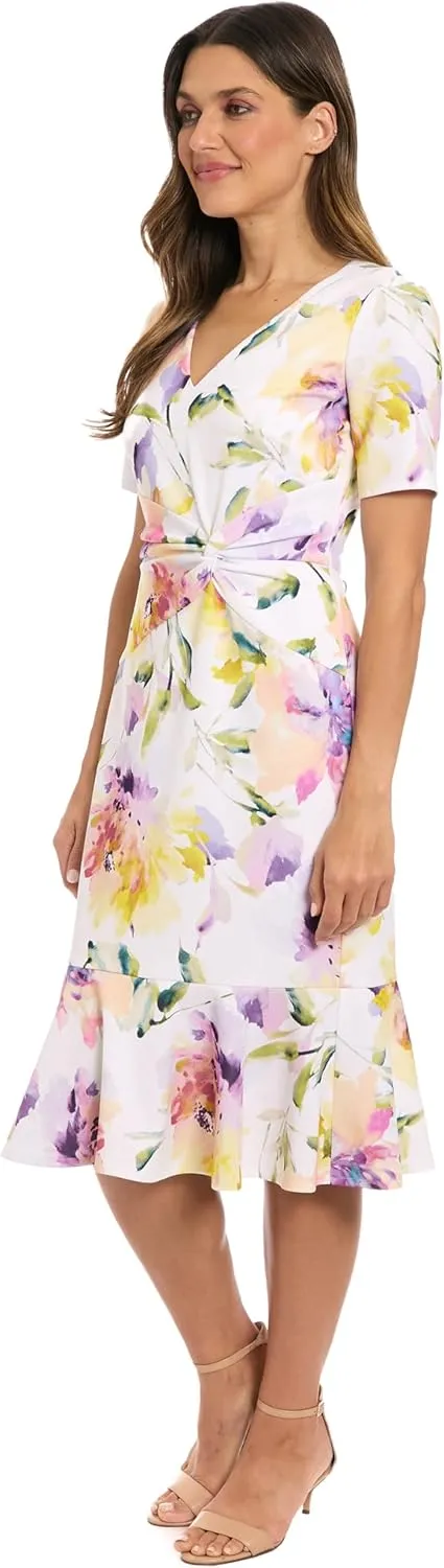 London Times Women's Trumpet Silhouette V-Neck Short Sleeve Midi-Elegant Special Occasion Wedding Guest Dress