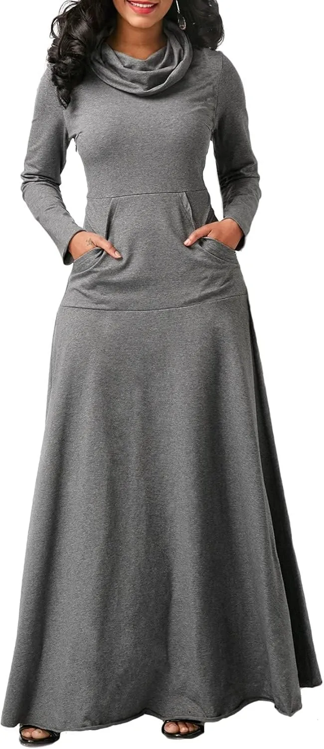 Long Sleeve Hooded Loose Maxi Dress for Women Turtleneck Solid Color Pullover Hoodie Dresses