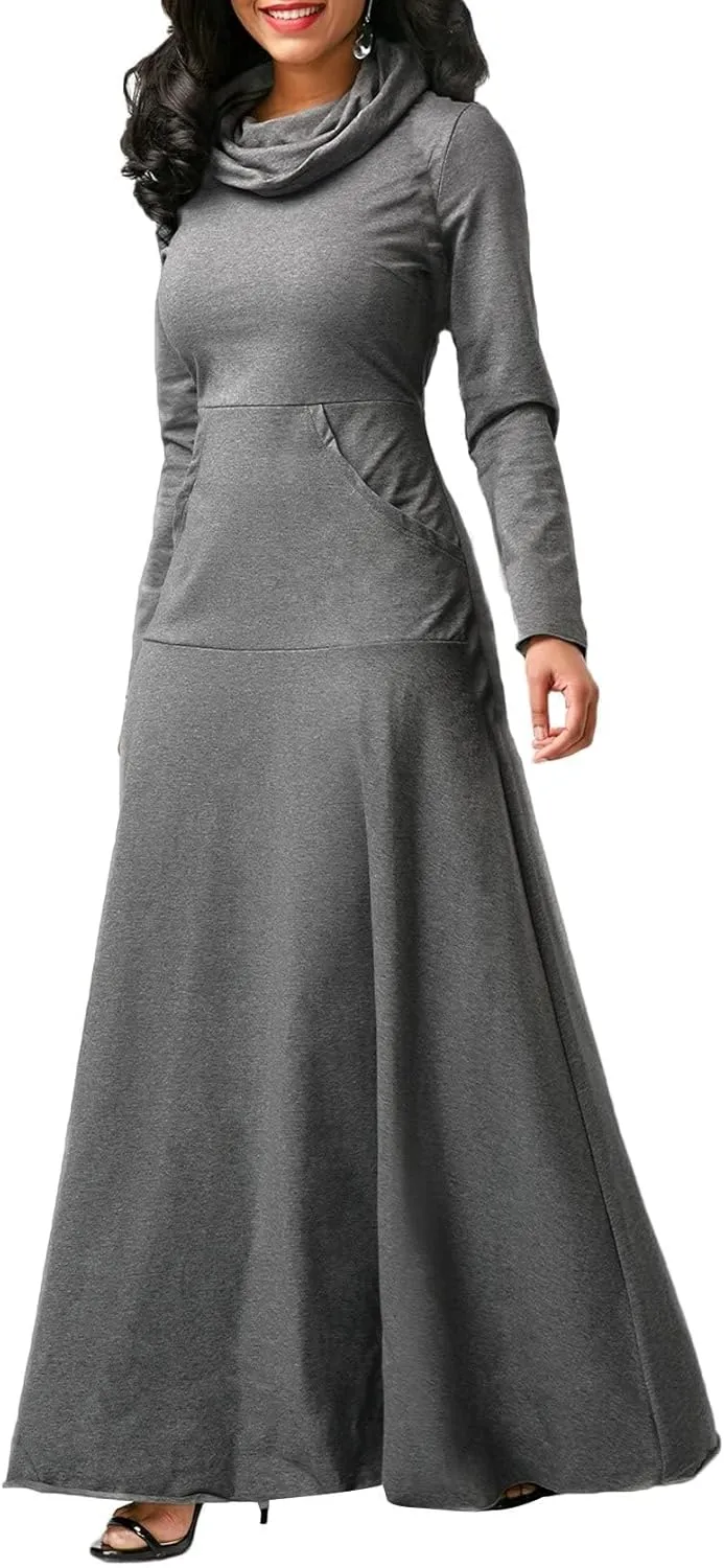 Long Sleeve Hooded Loose Maxi Dress for Women Turtleneck Solid Color Pullover Hoodie Dresses